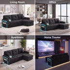 81'' LED L-Shaped Sectional Couch for Living Room, Sleeper Sofa Bed, Black | Comfy Chenille Cloud Couch, Pull Out Bed, Storage Chaise, 5-level Adjustable Backrest, USB Charging, 2 Pillow, 900LB Capacity