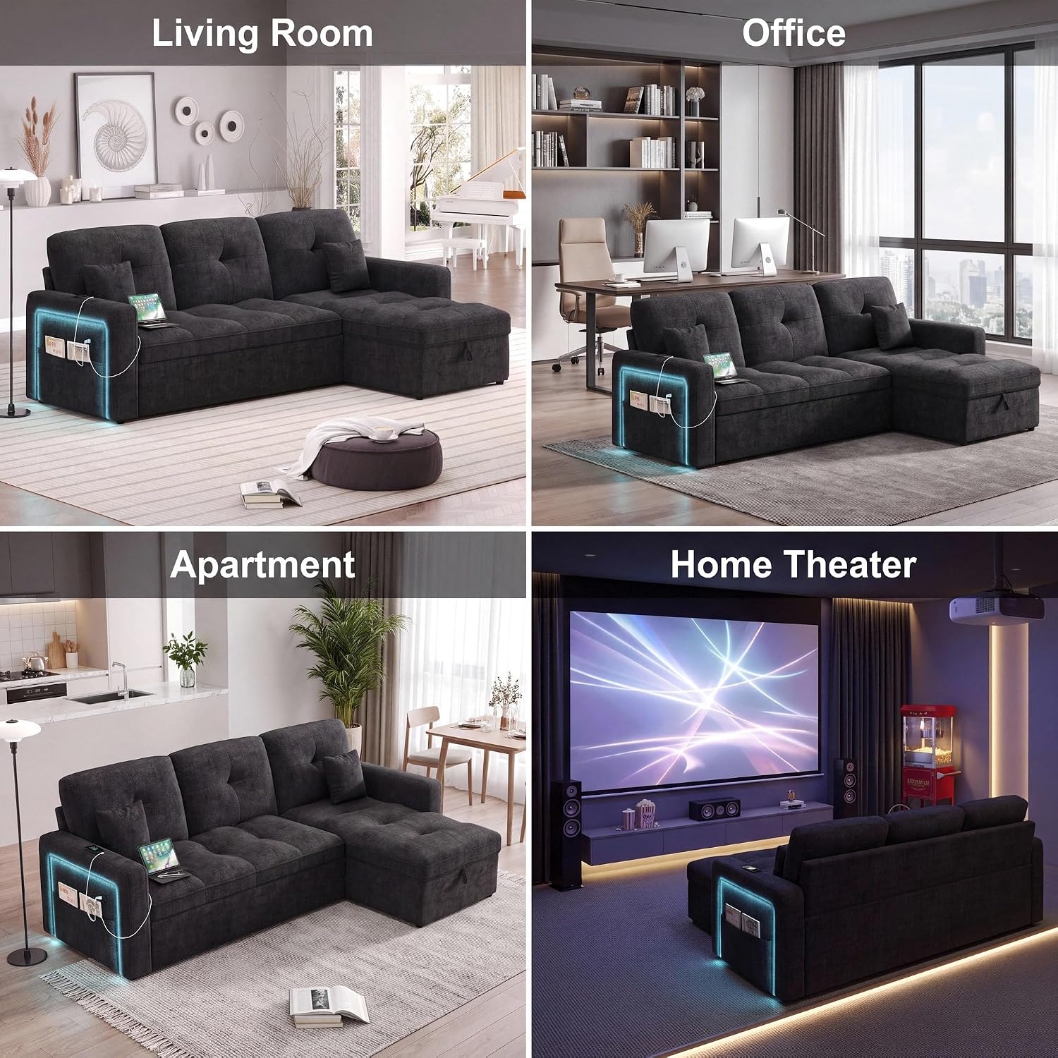 81'' LED L-Shaped Sectional Couch for Living Room, Sleeper Sofa Bed, Black | Comfy Chenille Cloud Couch, Pull Out Bed, Storage Chaise, 5-level Adjustable Backrest, USB Charging, 2 Pillow, 900LB Capacity