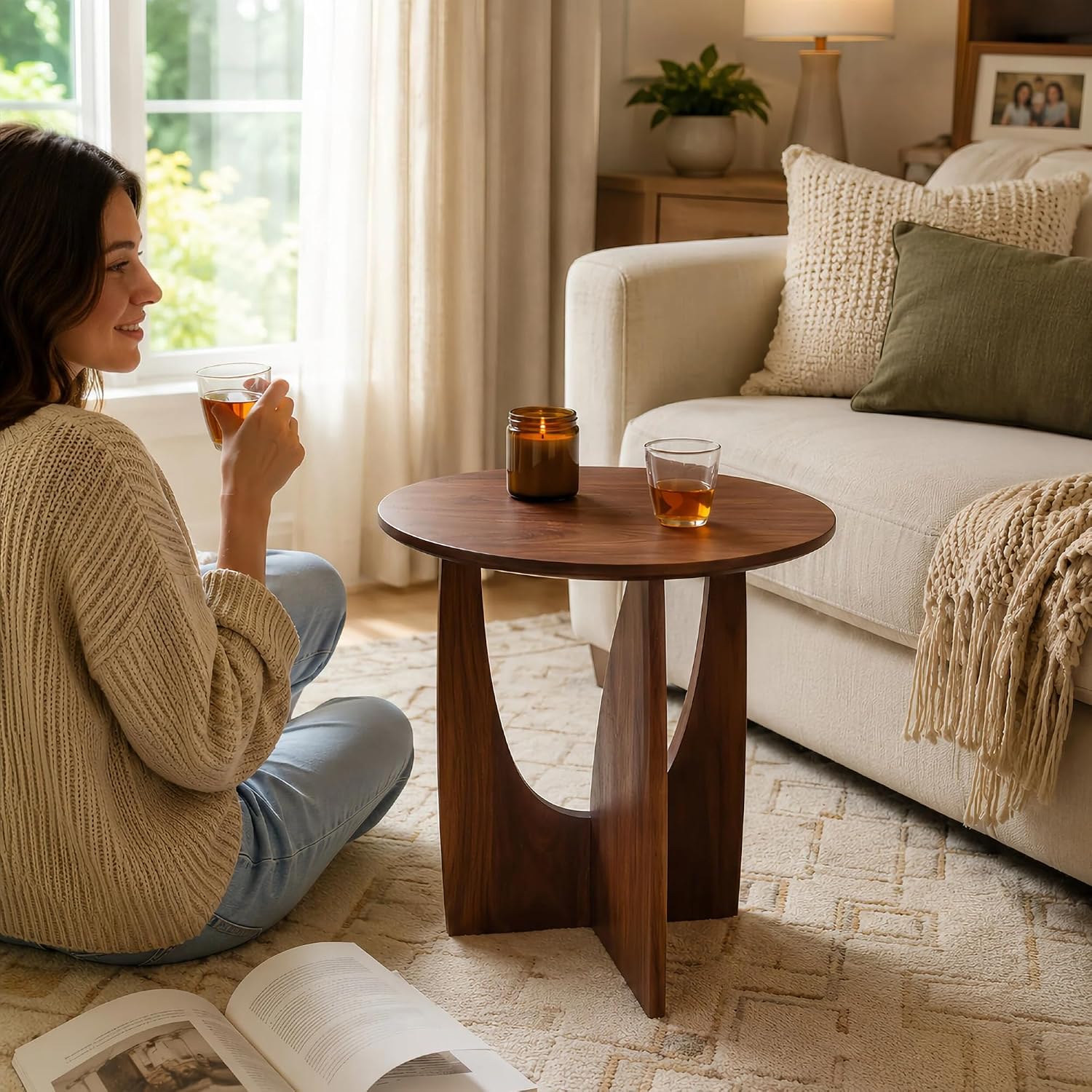 100% Solid Wood Round Side Table, 19.7'' Walnut Brown Small End Table, Sofa Side Table with Sculptural Curved Base, Minimalist Accent Table for Living Room, Bedroom, Reading Nook