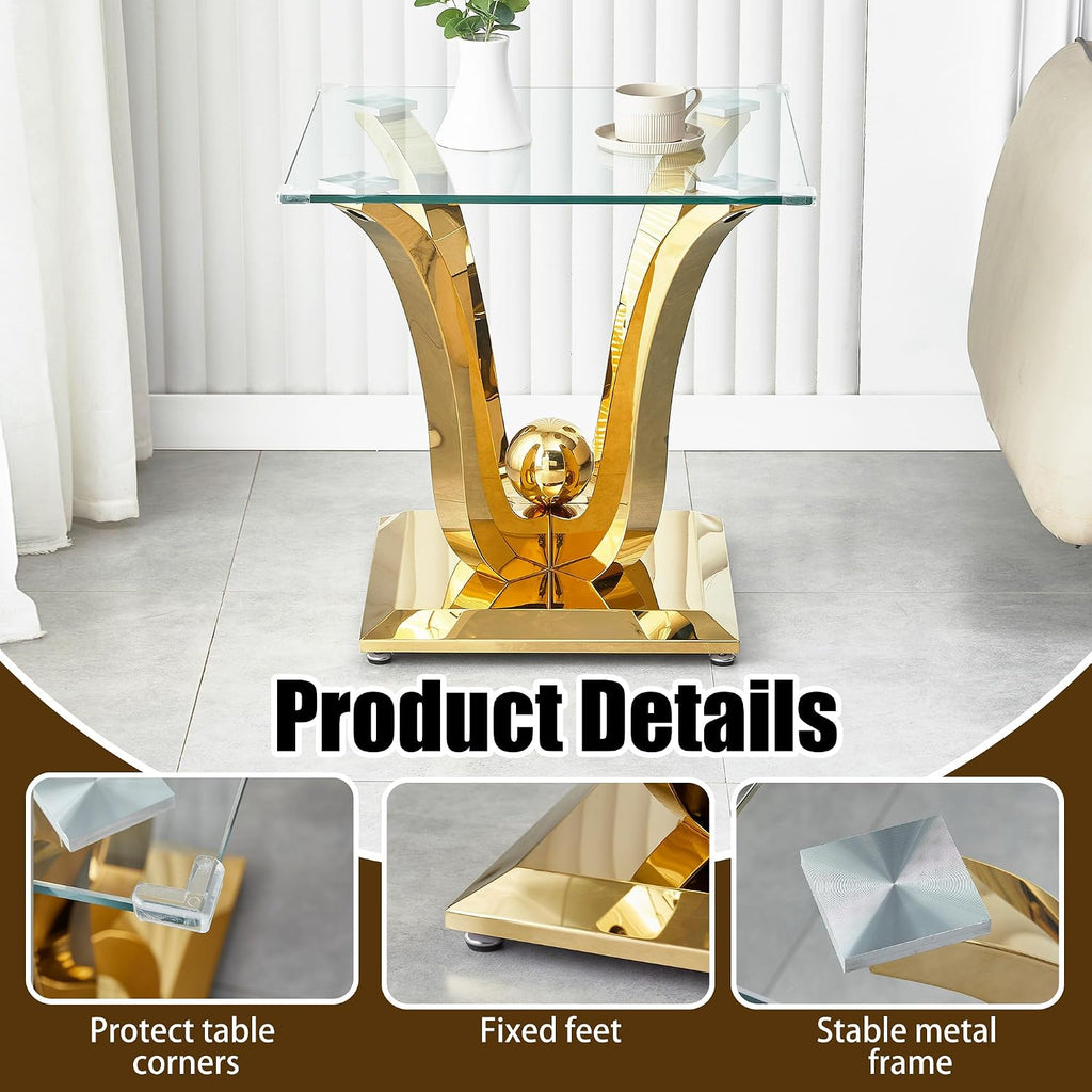 New Gold Glass Side Table, Luxury End Table with Mirror Finish Stainless Steel Base and Tempered Glass Top, Square Side Table for Living Room, Bedroom,Office