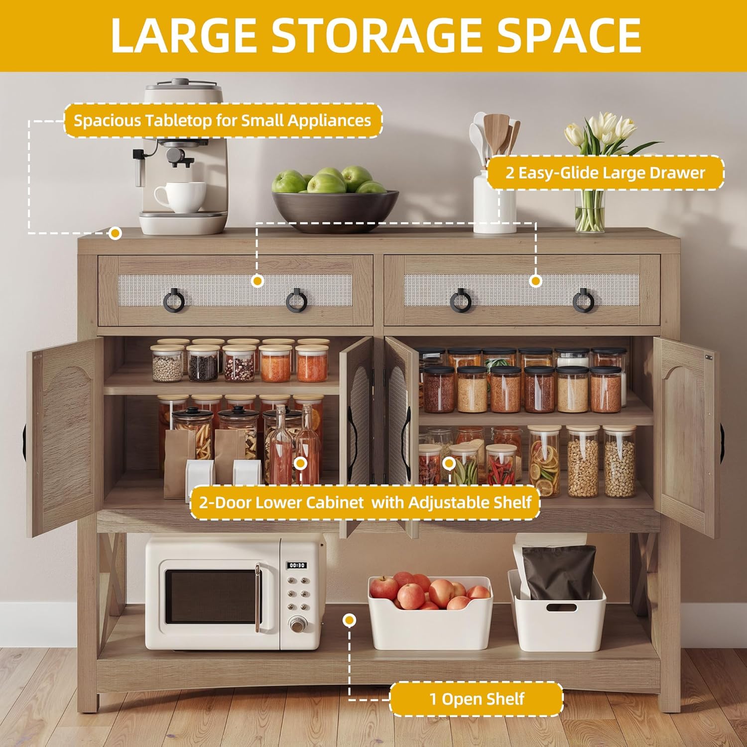 DWVO 47.2" Rattan Buffet Sideboard Cabinet with Storage, Farmhouse Coffee Bar Cabinet w/2 Drawers, 4-Doors Console Table with Adjustable Shelves for Kitchen, Dining Room, Living Room, Entryway (Oak)