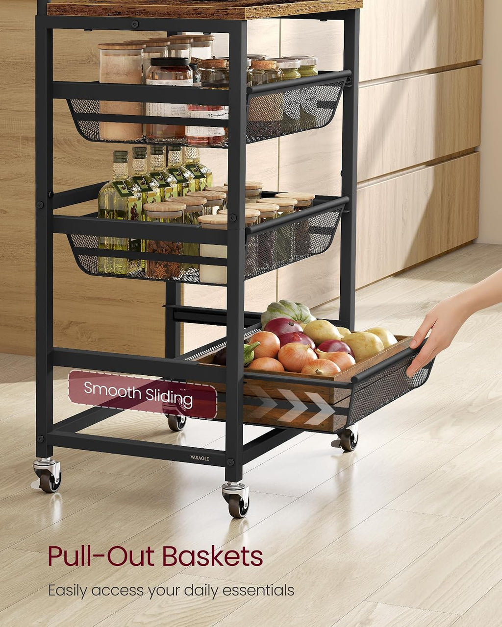 VASAGLE 4-Tier Storage Rolling Cart Organizer with Pull-Out Baskets | Utility Cart with Wheels, Handle, 12.5 x 15.8 x 29.9 Inches, Rustic Brown and Matte Black, DACEY Collection ULRC040K01
