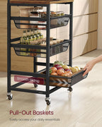 VASAGLE 4-Tier Storage Rolling Cart Organizer with Pull-Out Baskets | Utility Cart with Wheels, Handle, 12.5 x 15.8 x 29.9 Inches, Rustic Brown and Matte Black, DACEY Collection ULRC040K01