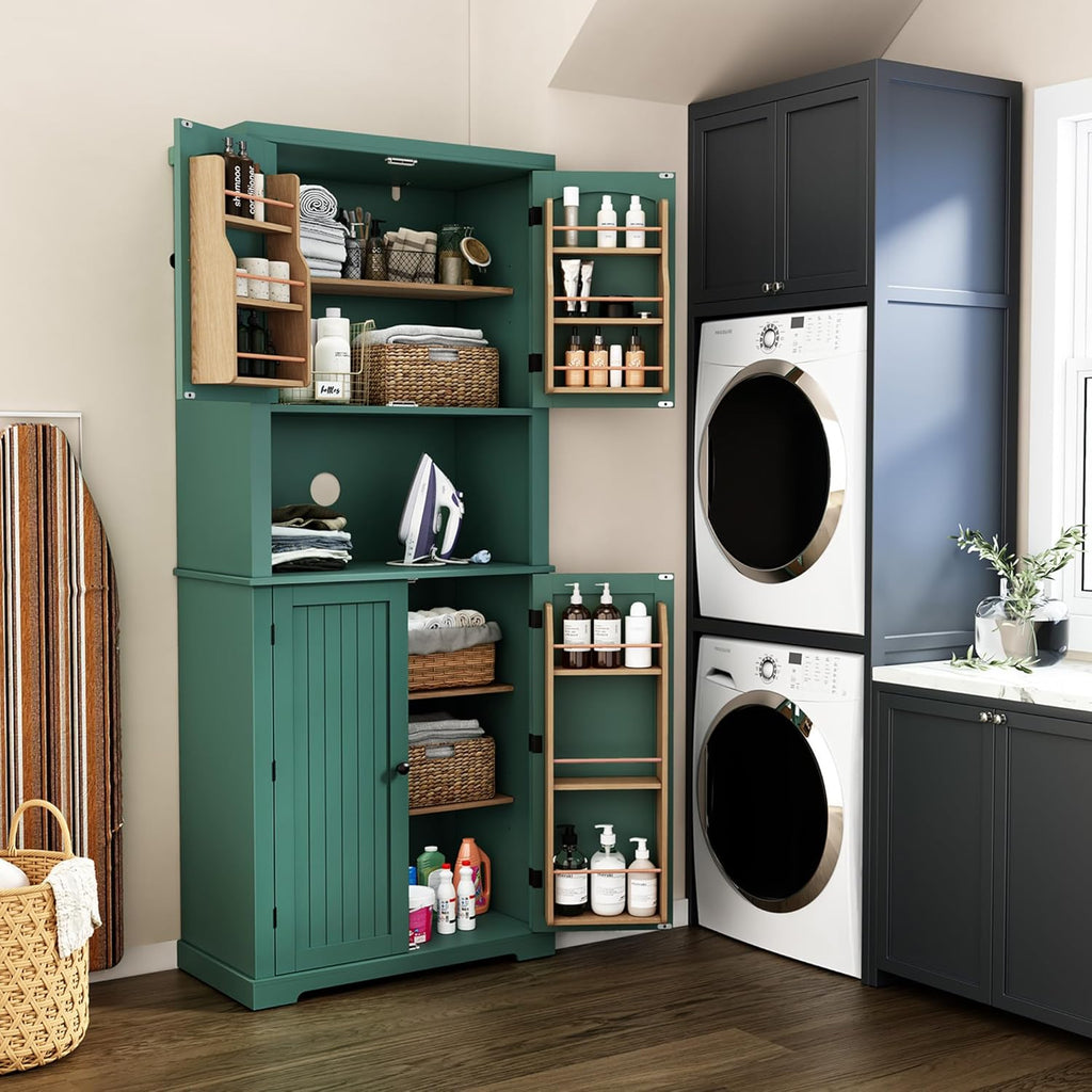 HLR 72" Kitchen Pantry Storage Cabinet with Open Countertop, Freestanding Larder Cupboard with Microwave Stand, Utility Laundry Room Storage Cabinet with Doors and Shelves for Dining Room, Living Room