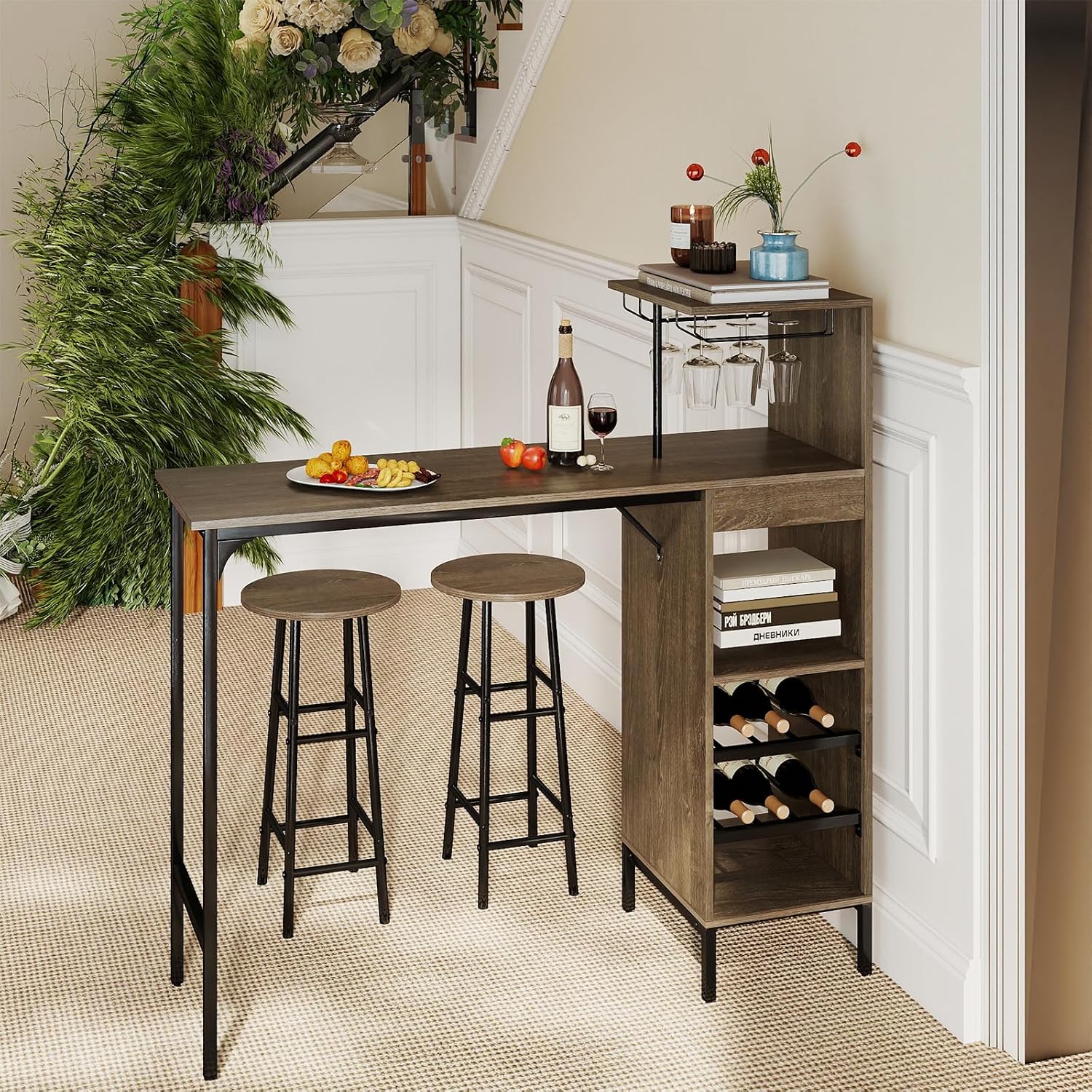 GOFLAME Bar Table Set for 2, Counter Height Dining Table Set with Shelves, Cup Holder & Wine Rack, Breakfast Table & Stools Set, 3-Piece Pub Table Set for Kitchen, Dining Room, Grey Oak