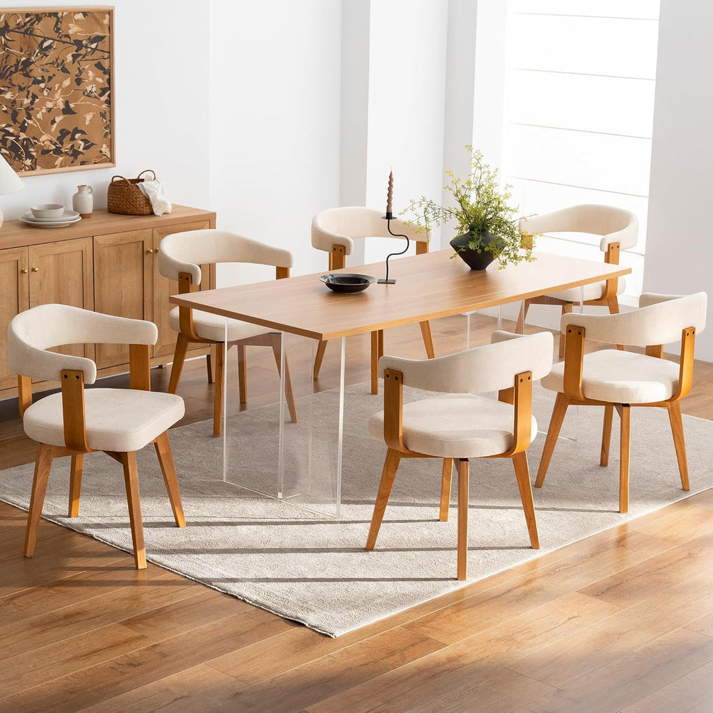 EYYTHUNG Swivel Dining Chairs Set of 2, Mid Century Modern Chenille Dining Chairs with Arms and Wood Legs,Upholstered Kitchen Chairs for Kitchen, Dining Room, Living Room, Beige and Dark Oak