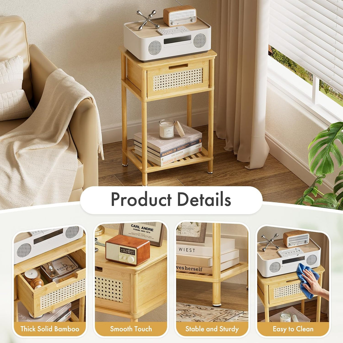 Bamboo Nightstand, Boho Side Table with Drawer and Open Shelf, 3 Tier End Table, Bedside Table, Accent Table, Small Dresser for Bedroom, Dorm and Small Spaces, Natural