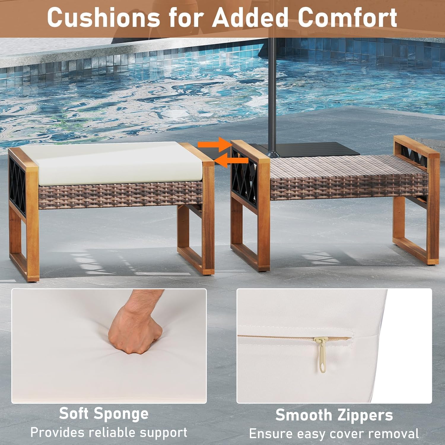 RELAX4LIFE Wicker Outdoor Ottomans for Patio - Set of 2 Rattan Outside Footstool w/Removable Cushion, Wood & Metal Frame, 3-in-1 Foot Rest, Extra Seating & Side Tables for Porch Backyard Poolside