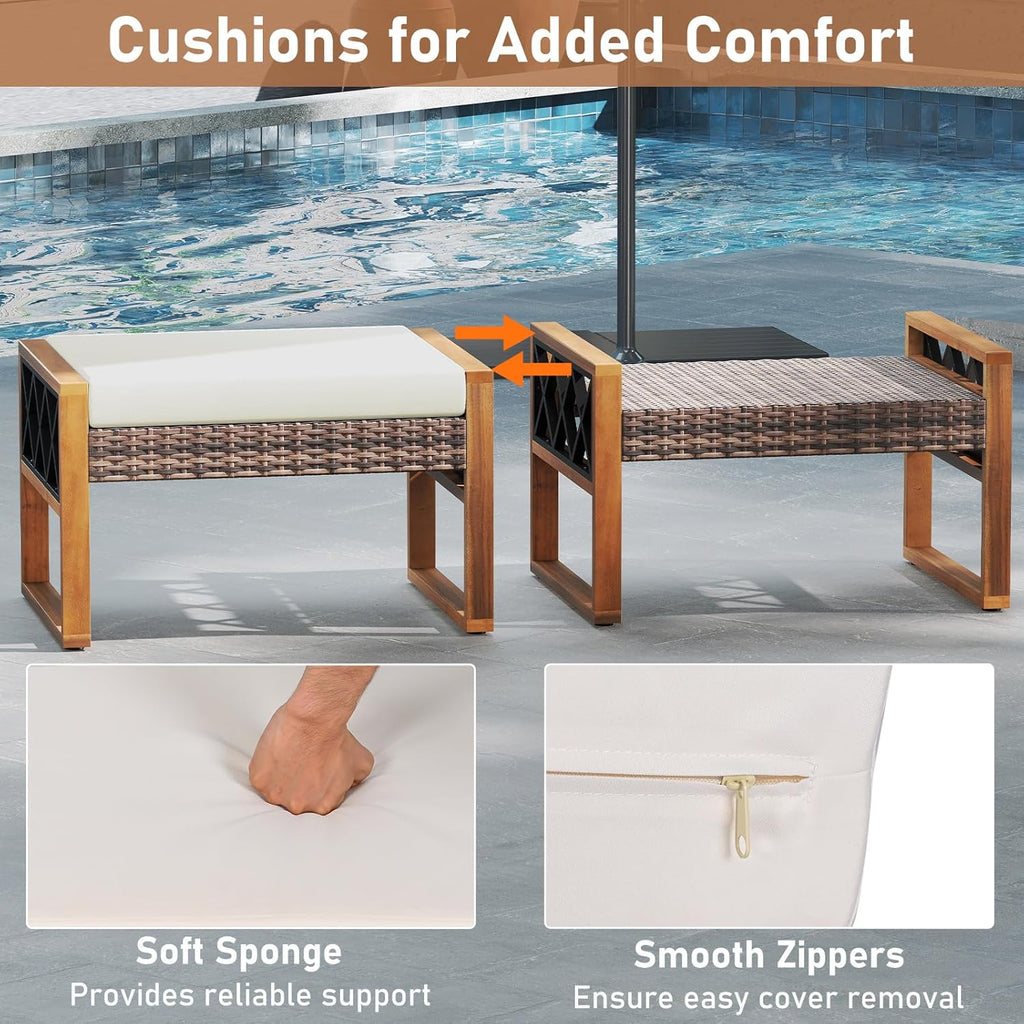 Tangkula Rattan Wicker Outdoor Ottoman Set of 2, Patio 3-in-1 Footstools with Removable Cushions, Additional Seating and Side Tables for Porch, Backyard & Poolside (Off White)