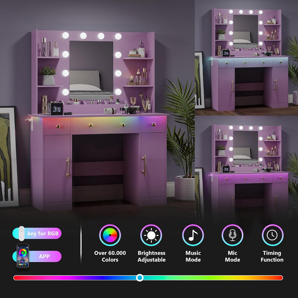 Wodeer Makeup Vanity Desk with Mirror and Lights, 43" Purple Vanity Set with 3 Drawers, Power Outlet & Adjustable RGB LED Lights, Dressing Table with Storage Shelf for Women & Girls Bedroom