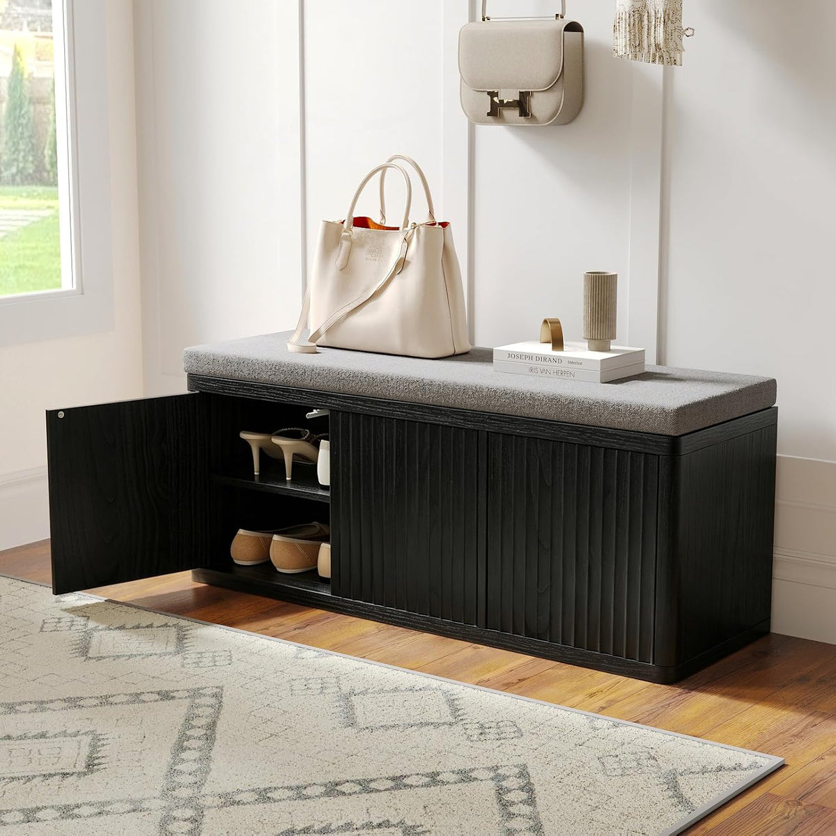 41.3" Fluted Shoe Storage Bench, Entryway Bench with 2" Cushioned Seat, 440lbs Heavy Duty Shoe Cabinet Bench with Adjustable Shelf, Hidden Storage Organizer for Bedroom End of Bed, Black