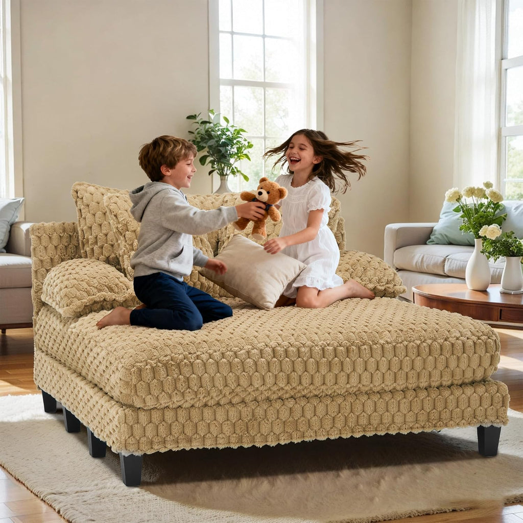 Faux Fur Oversized Chaise Lounge Indoor with Adjustable Backrest | 59 Inches Single Sleeper Sofa Chair, with 3 Lumbar Pillows, Upholstered, for Living Room, Bedroom, Office