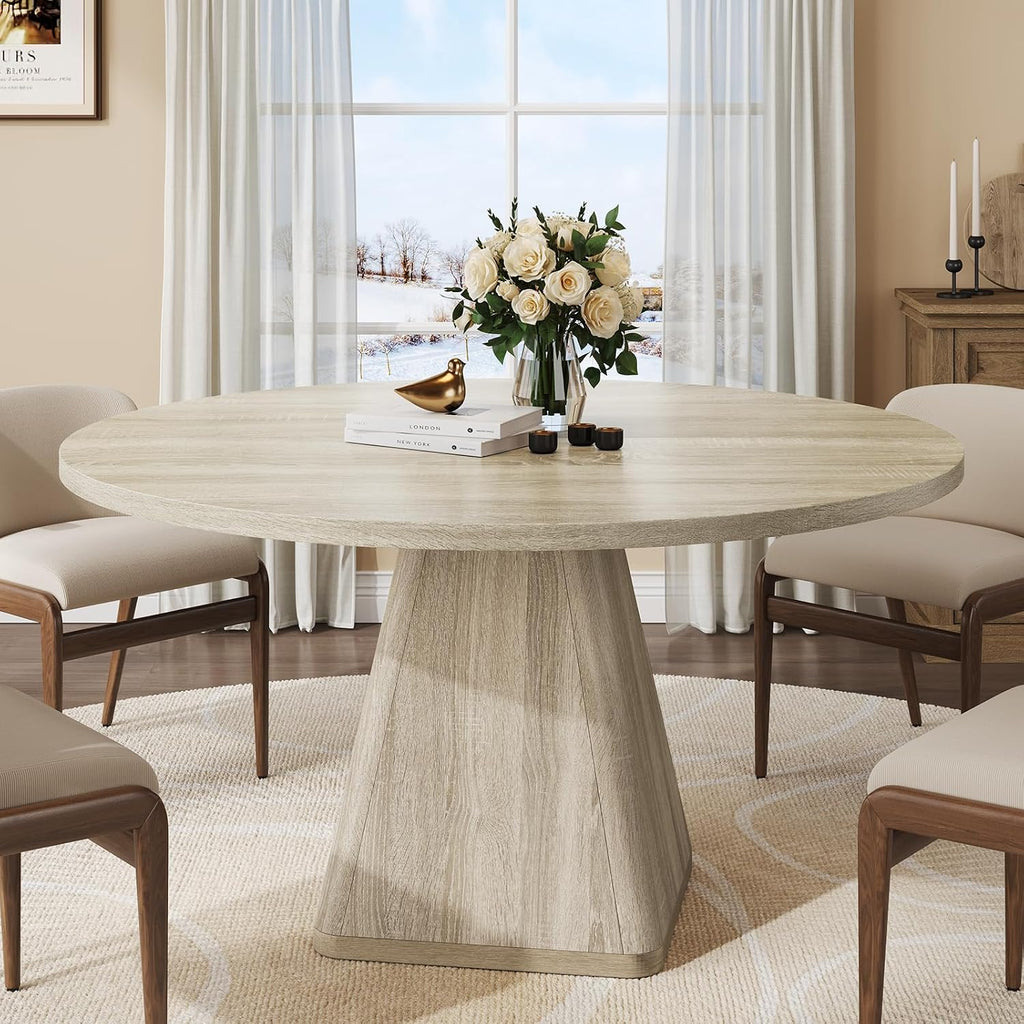 ONBRILL 47 Inch Round Dining Table for 4-6,Square Pedestal Base,Oak | Circle Kitchen Table with Thickened Tabletop, Modern Dining Room Tables, Dinner Tables for Kitchen Small Space (Table Only)