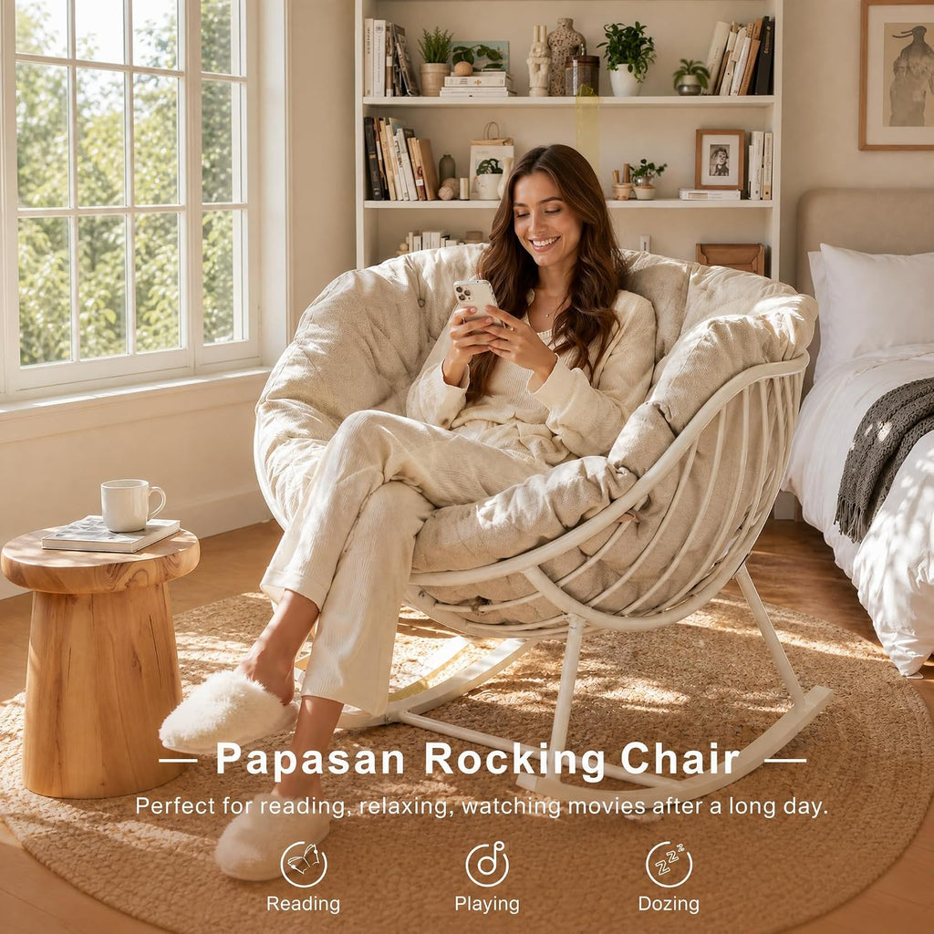 Oversized Outdoor Rocking Chair, Patio Papasan Egg Chair, Rocker Reading Lounge with Thick Cushion, Comfy Indoor Rocker Chair for Bedroom, Living Room, Porch, Poolside