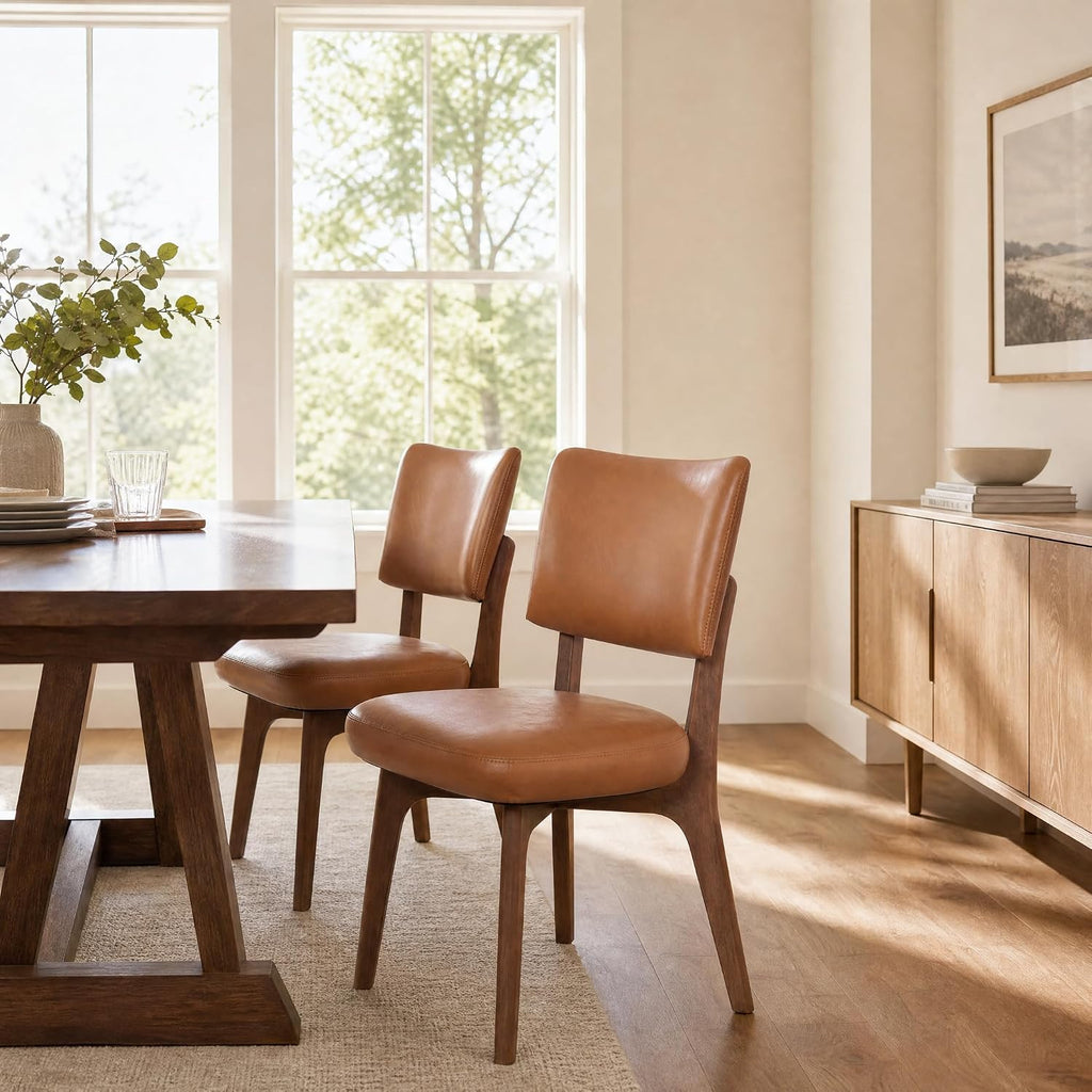 YOUNIKE Wooden Dining Chair, Faux Leather Upholstered Dining Room Chair Kitchen Chair, Mid Century Modern Dinner Chair with Solid Wood Legs for Kitchen Dining Vanity, Brown (Single Pack)