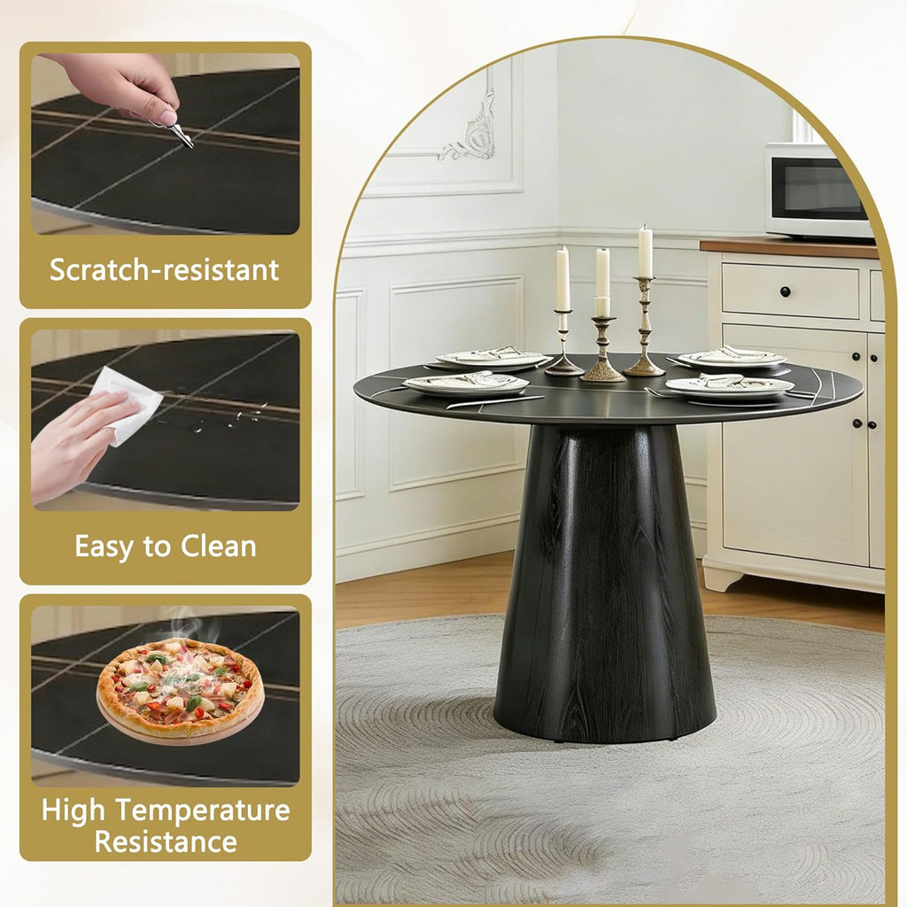 Round Dining Table for 4, 42 Inch Sintered Stone Dining Room Table, White and Black Small Kitchen Table with Stable Pedestal, Modern Marble Dining Table for Kitchen, Apartment, Restaurant