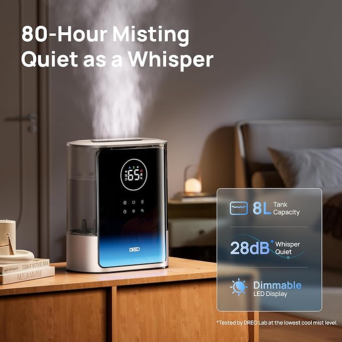 Dreo 8L Smart Humidifiers for Bedroom 600ft², 80H Runtime Warm&Cool Supersized Mist Humidifier for Large Room Indoor, Quiet Whole House humidifier for Baby, Plants, with Alexa/Google, Starlight,HM717S