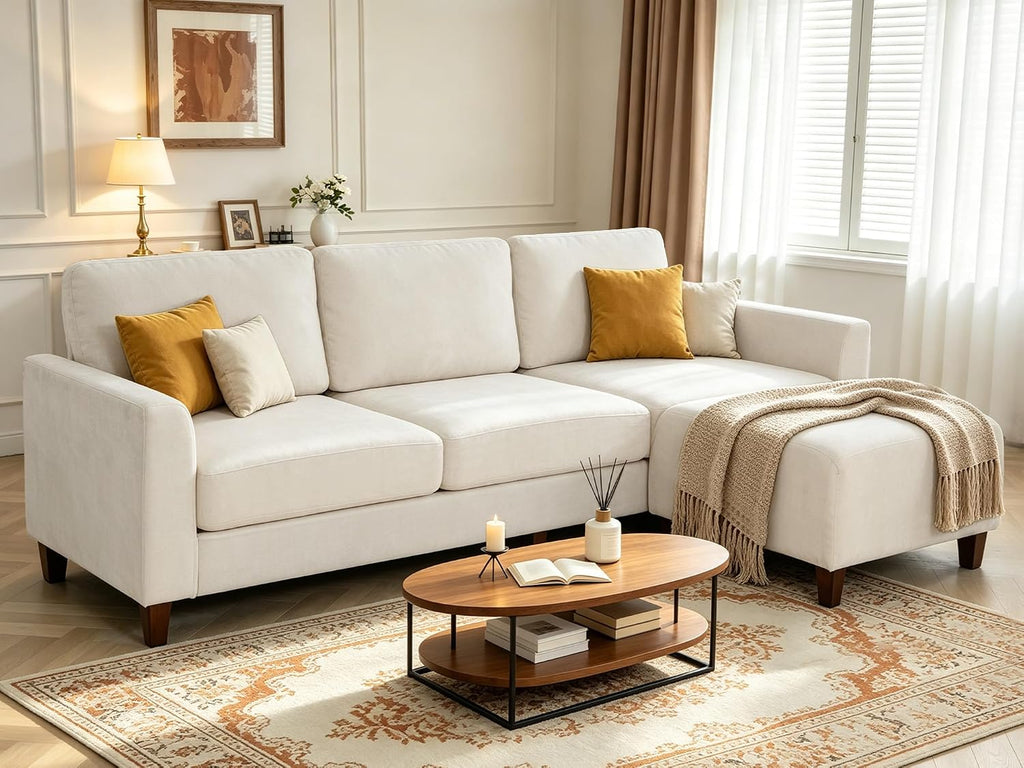 L Shaped Sectional Couch for Living Room, Modular Small Sofa with Ottoman | 96 Inch, 3 Deep Seats, White, Chenille, Easy Tool-Free Assembly, Modern Compact Sofa Set for Apartment, Office, Small Space