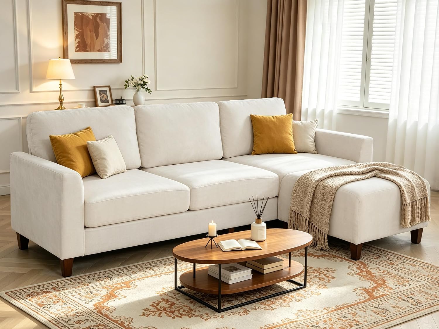 L Shaped Sectional Couch for Living Room, Modular Small Sofa with Ottoman | 96 Inch, 3 Deep Seats, White, Chenille, Easy Tool-Free Assembly, Modern Compact Sofa Set for Apartment, Office, Small Space