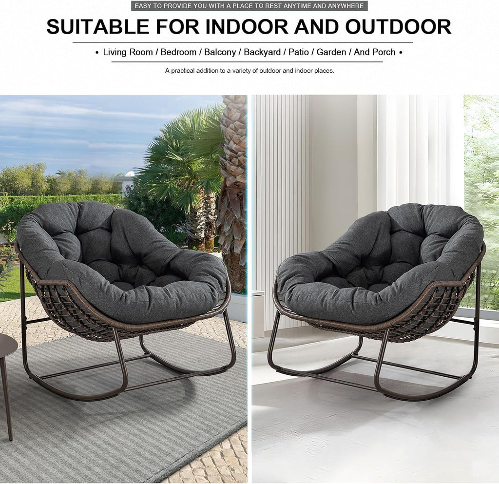 Outdoor Rocking Chair Set of 2, Patio Oversized Wicker Egg Rocking Chair, Indoor & Outdoor Comfy Rocker Chair with Thick Cushion, Modern Lounge Chair for Balcony, Porch, Garden, Backyard, Deck, Grey