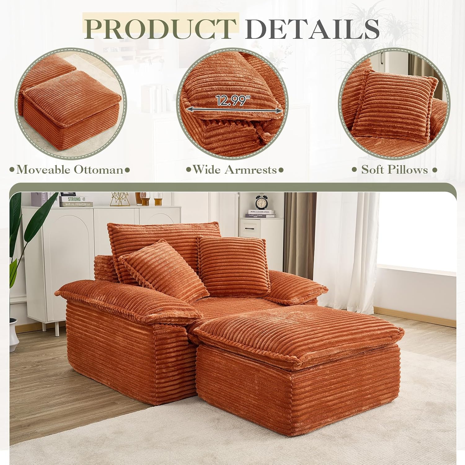 Oversized Chaise Lounge Chair Indoor with Ottoman, Upholstered Corduroy Modern Sofa Chair, Deep Seat Comfy Reading Armchair, Sleeper Sectional Couch for Living Room/Bedroom(47.6"W, Orange)