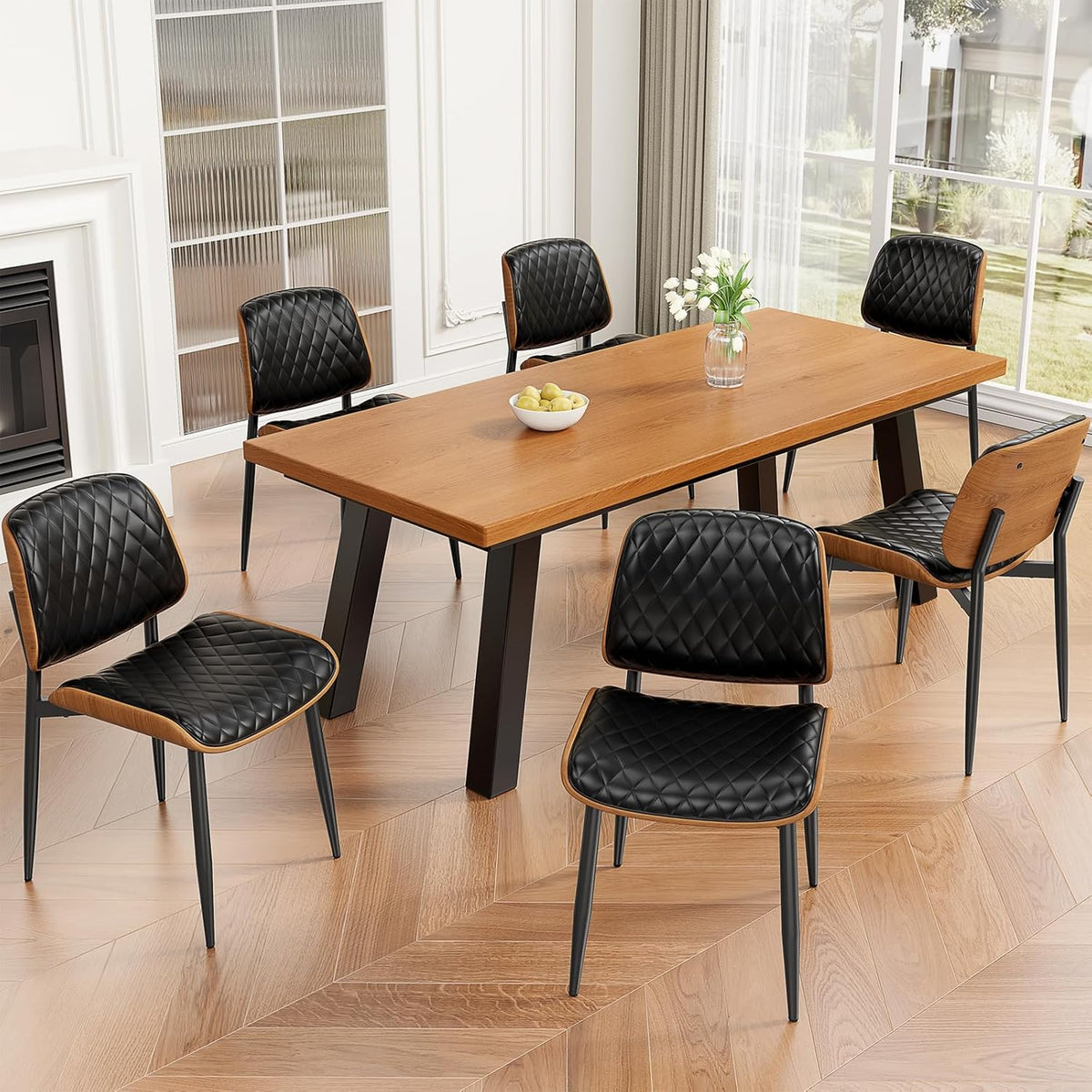 REONEY Dining Chairs Set of 4, Mid-Century Modern Upholstered PU Leather Chairs with Walnut Back and Metal Legs Adjustable Feet for Kitchen Dining Room, Black Diamond Plaid