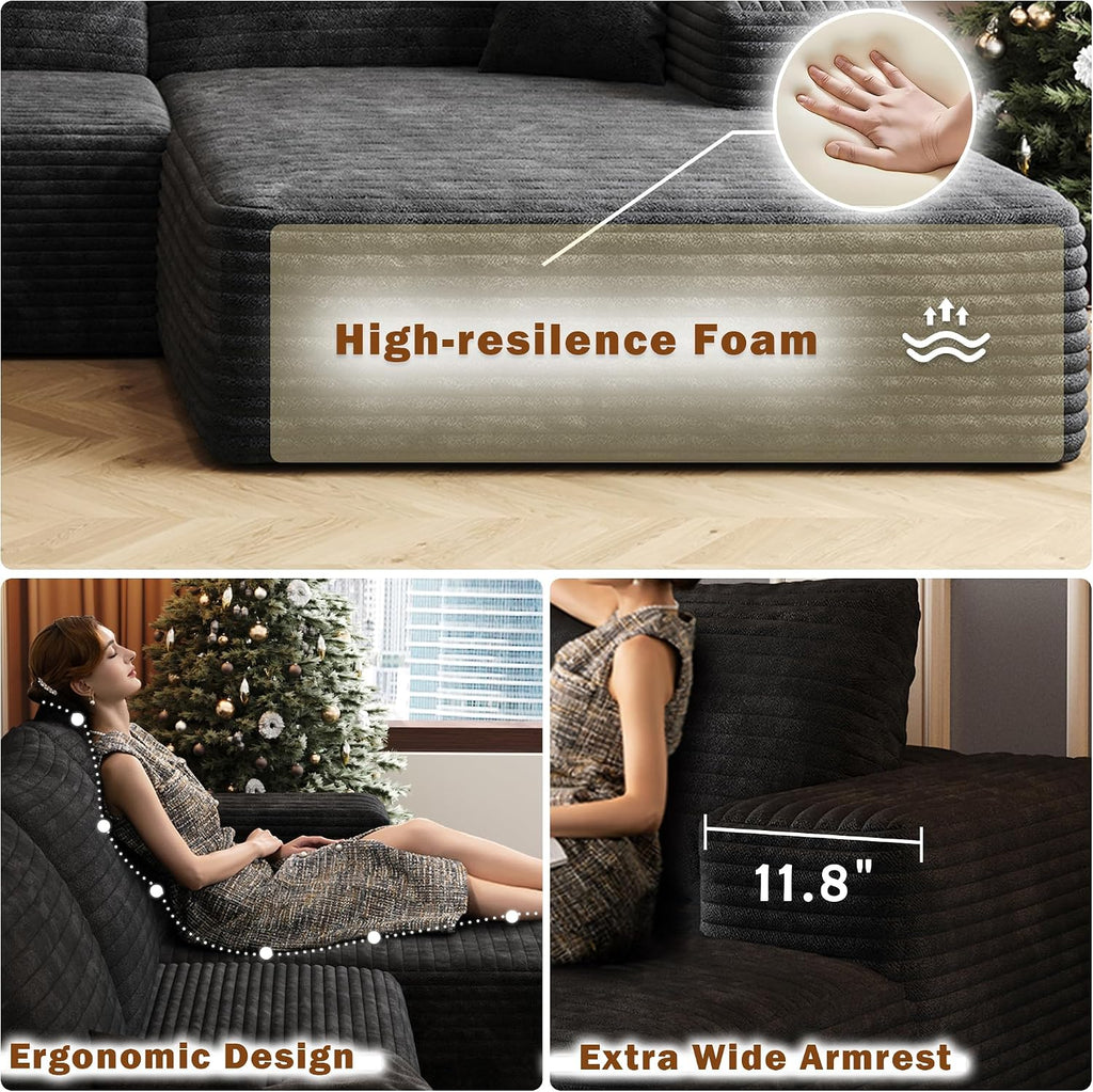 107" W Corduroy Sectional Cloud Couch with Chaise & Ottoman, No Assembly Required, U Shaped Modular Sectional Sofa, Cozy Fluffy Sofa for Living Room (Black, Left Facing Chaise+Ottoman)