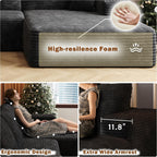107" W Corduroy Sectional Cloud Couch with Chaise & Ottoman, No Assembly Required, U Shaped Modular Sectional Sofa, Cozy Fluffy Sofa for Living Room (Black, Left Facing Chaise+Ottoman)