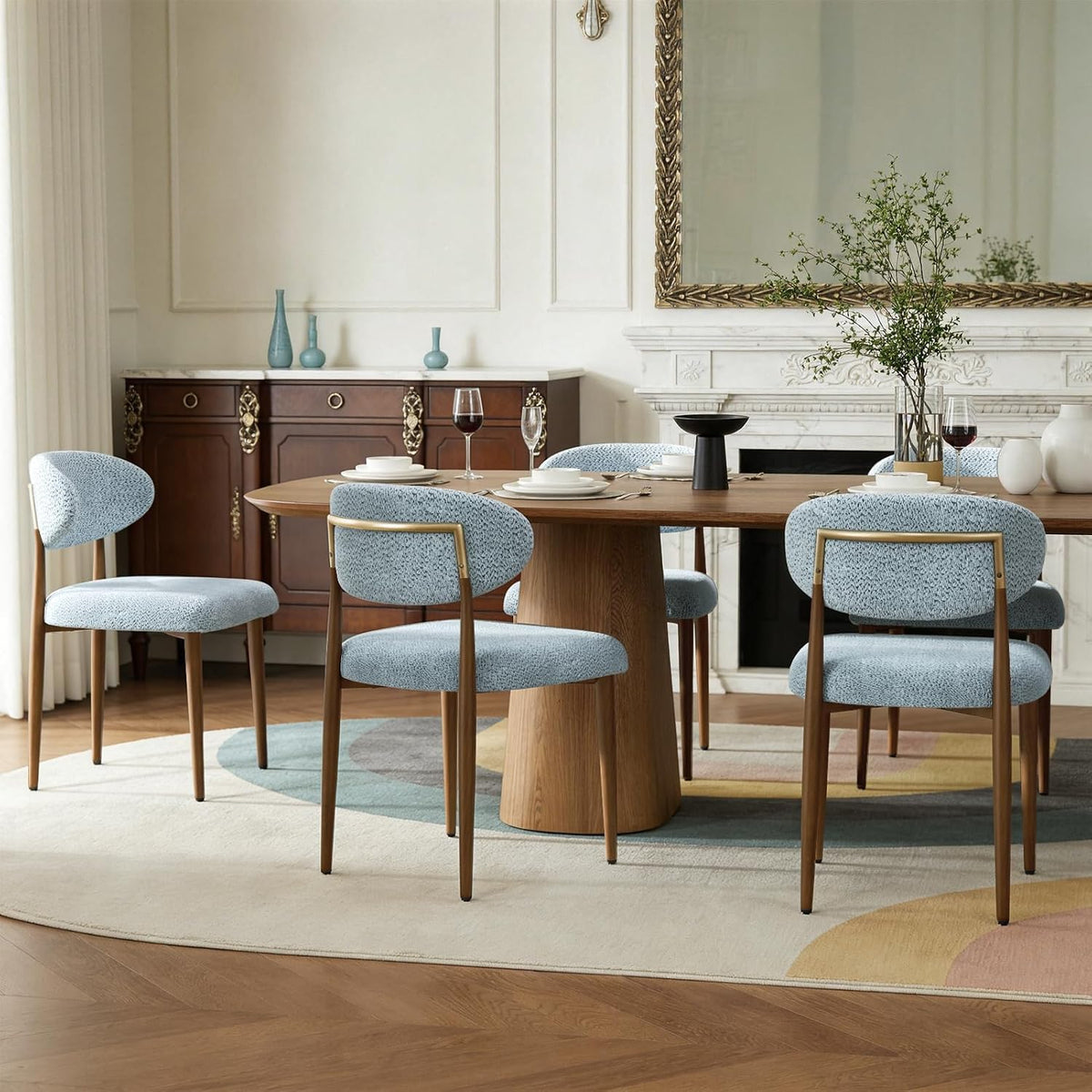 300LBS Dining Chairs Set of 2,Metal Kitchen Chairs,Modern Chenille Upholstered Dining Room Chairs with Ergonomic Curved Backrest for Kitchen Dining Room,Deep Blue-Gray