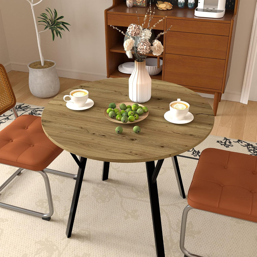 Round Dining Table 36" Wood Kitchen Table with Black Metal Legs, Modern Small Circular Kitchen Table for 2-4 People, Space Saving for Dining Room Apartment Kitchen