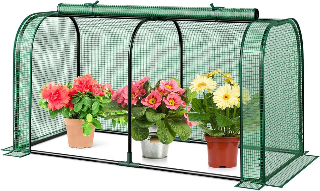 Happygrill Portable Mini Greenhouse, 47" x 22" x 24" Green House w/ Roll-up Zipper Door, Metal Frame, Waterproof Sun-Protective PE Cover, Small Greenhouses for Raised Garden Bed, Outdoor (Green)