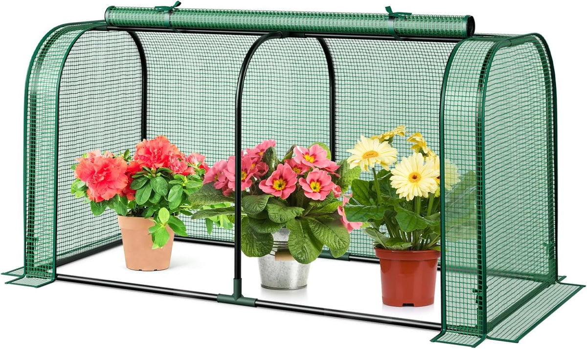 Happygrill Portable Mini Greenhouse, 47" x 22" x 24" Green House w/ Roll-up Zipper Door, Metal Frame, Waterproof Sun-Protective PE Cover, Small Greenhouses for Raised Garden Bed, Outdoor (Green)
