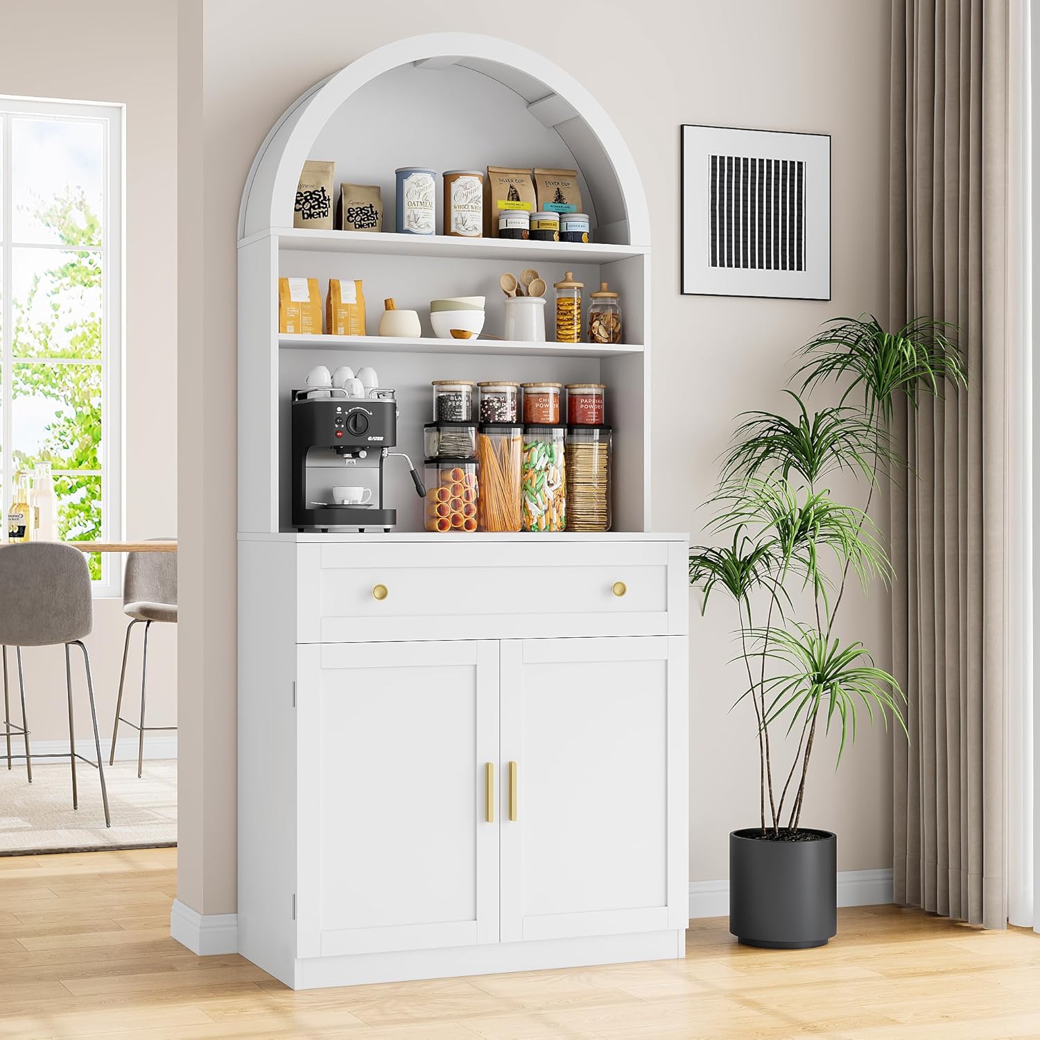 71" Tall Arched Kitchen Pantry Cabinet, Modern Kitchen Storage Cabinets with Hidden Drawer and Spacious Countertop, Wooden Storage Pantry Cabinet for Living Room, Dining Room, White
