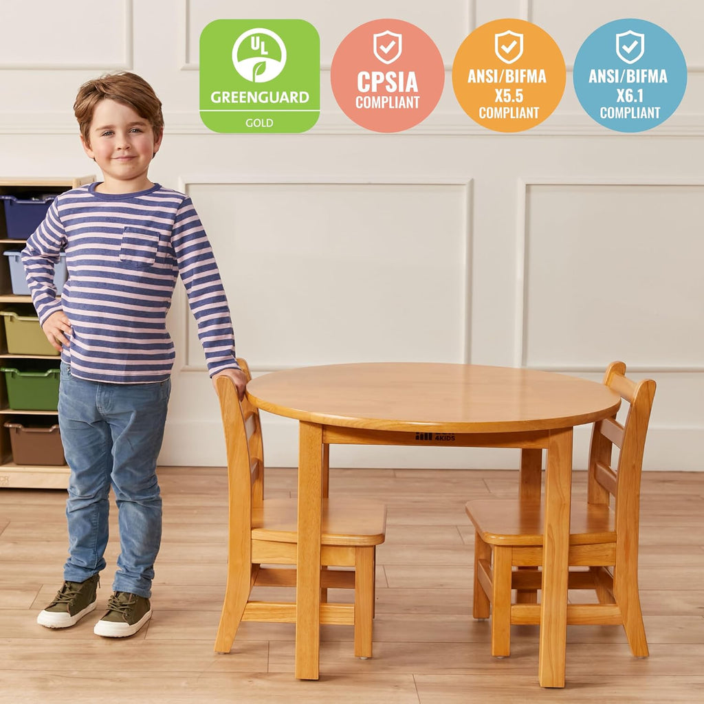 ECR4Kids 30in D Round Hardwood Table with 20in Legs and Two 10in Chairs, Kids Furniture, Honey, 3-Piece | Durable rubberwood, GREENGUARD Gold Certified, ANSI/BIFMA Compliant, 2-4 years, 74 lb seat capacity, classroom & home use