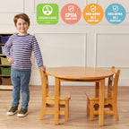 ECR4Kids 30in D Round Hardwood Table with 20in Legs and Two 10in Chairs, Kids Furniture, Honey, 3-Piece | Durable rubberwood, GREENGUARD Gold Certified, ANSI/BIFMA Compliant, 2-4 years, 74 lb seat capacity, classroom & home use