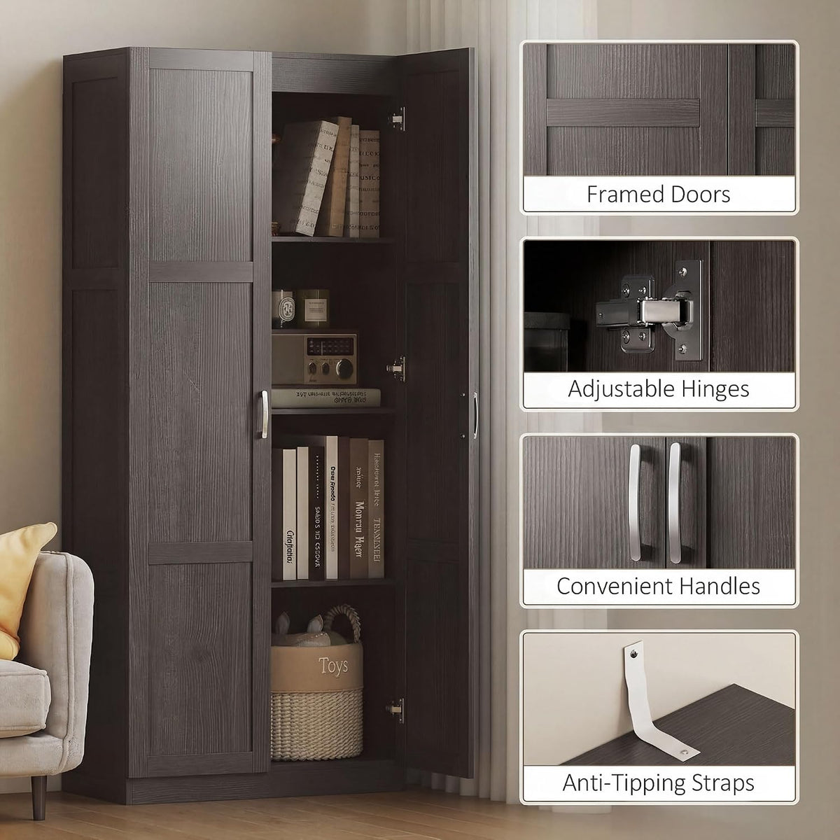 HOMCOM 71" Tall Kitchen Pantry Cabinet with 4 Adjustable Shelves Espresso | Large Multipurpose Storage Cabinet, Modern Farmhouse Freestanding Food Pantry, Framed Doors, Soft-Close Hinges