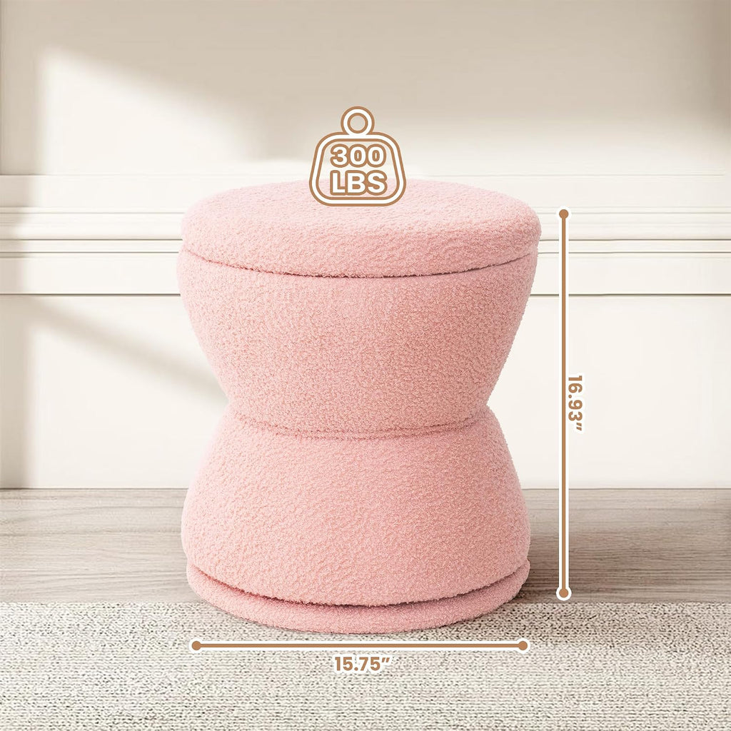 EazeHome Round Ottoman with Storage, 360° Swivel Boucle Ottoman Vanity Stool, Upholstered Footstool with Storage Removable Lid, Modern Footrest Coffee Table for Living Room, Dorm, Makeup Room, Pink