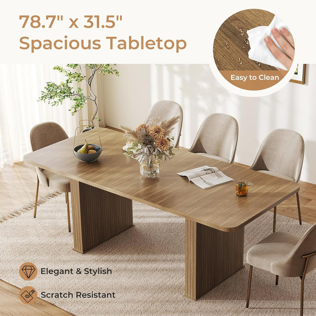 Zevemomo 63"-78.7" Expandable Dining Table, 6-10 Farmhouse Kitchen Table, Rectangular Extendable Dining Table, with Metal Slide Track, Widened Wood Striped Legs for Dining Room-Beige Brown