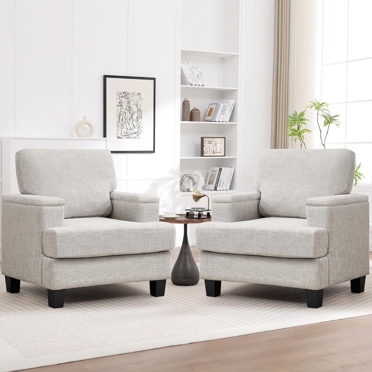 Accent Chairs Set of 2 with Armrest Storage, Modern Reading Living Room Chair, Upholstered Comfy Large Armchairs, Fabric Single Sofa Chair for Bedroom (Beige)