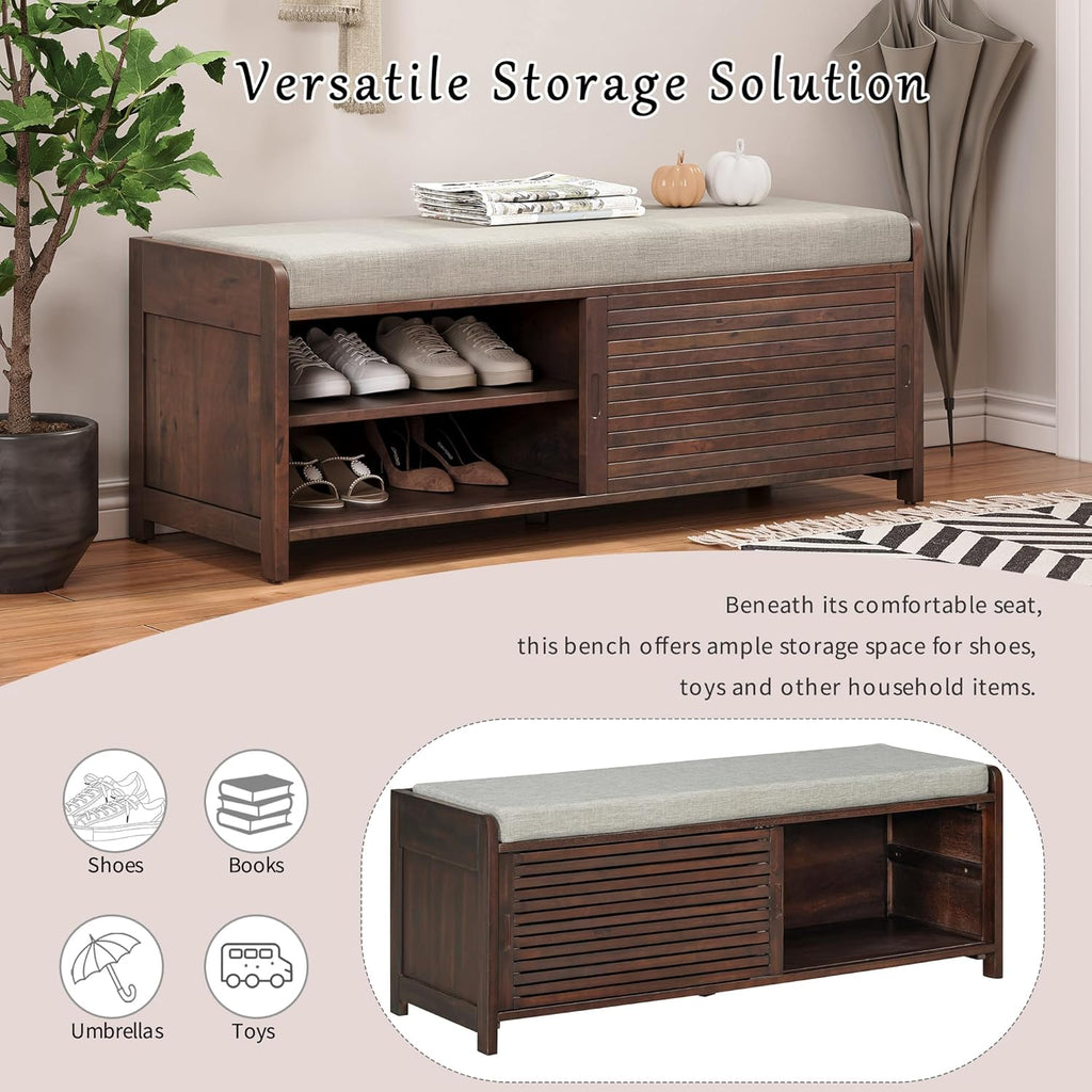 LUMISOL Shoe Bench with Storage and Cushion, Farmhouse Distressed Shutter Storage Bench with Retro Charm for Living Room, Entryway, Espresso