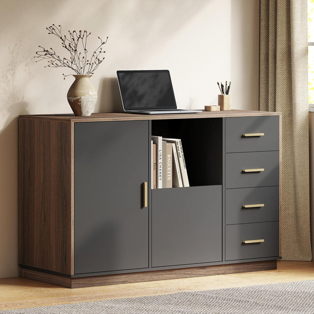 ModernMate 5 Drawer File Cabinet with Charging Station, Storage Cabinet with Door & Adjustable Shelves, Printer Stand with Open Shelf for Home Office, Fits A4/Letter Size, Black Walnut