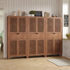 BVIUNTWO Set of 3 Farmhouse Tall Storage Cabinets, Wooden Kitchen Pantry Cupboards with Slatted Doors, Drawer & Adjustable Shelves for Kitchen, Dining & Living Room Storage, 68.8 Inch, Brown