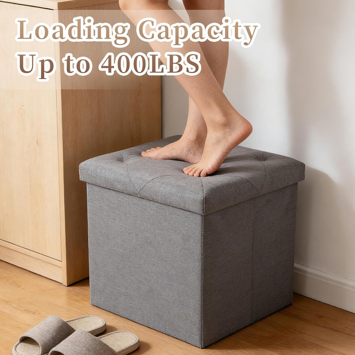 15 Inches Ottoman with Storage, Folding Storage Ottoman Bench Set, Storage Chest for Entryway, Living Room, Support 500LBS, Grey