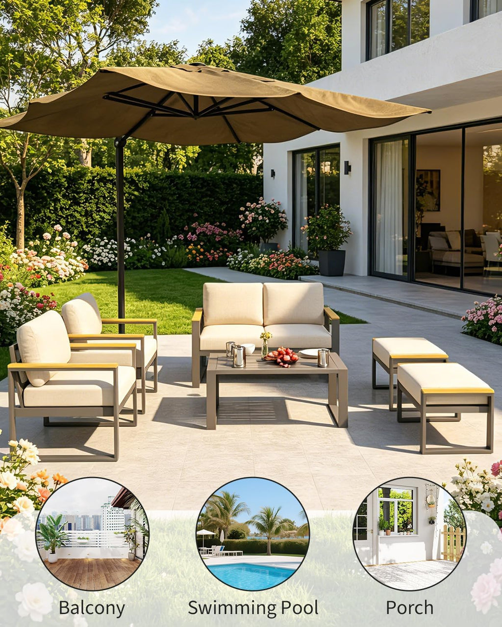 IDEALHOUSE Outdoor 2 Pieces Aluminum Patio Ottoman, Outdoor Footstool with Seat Cushions, Small Metal Outdoor Chairs for Balcony, Garden, Deck, Backyard,Beige