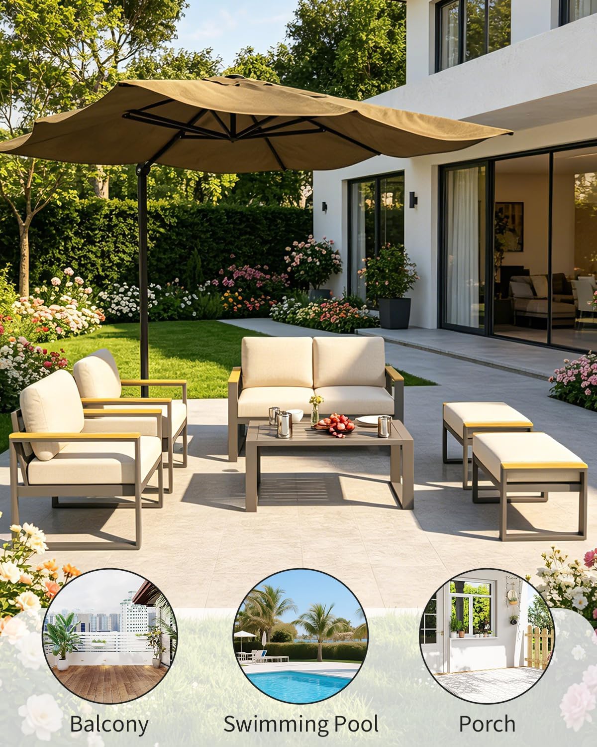 IDEALHOUSE Outdoor 2 Pieces Aluminum Patio Ottoman, Outdoor Footstool with Seat Cushions, Small Metal Outdoor Chairs for Balcony, Garden, Deck, Backyard,Beige