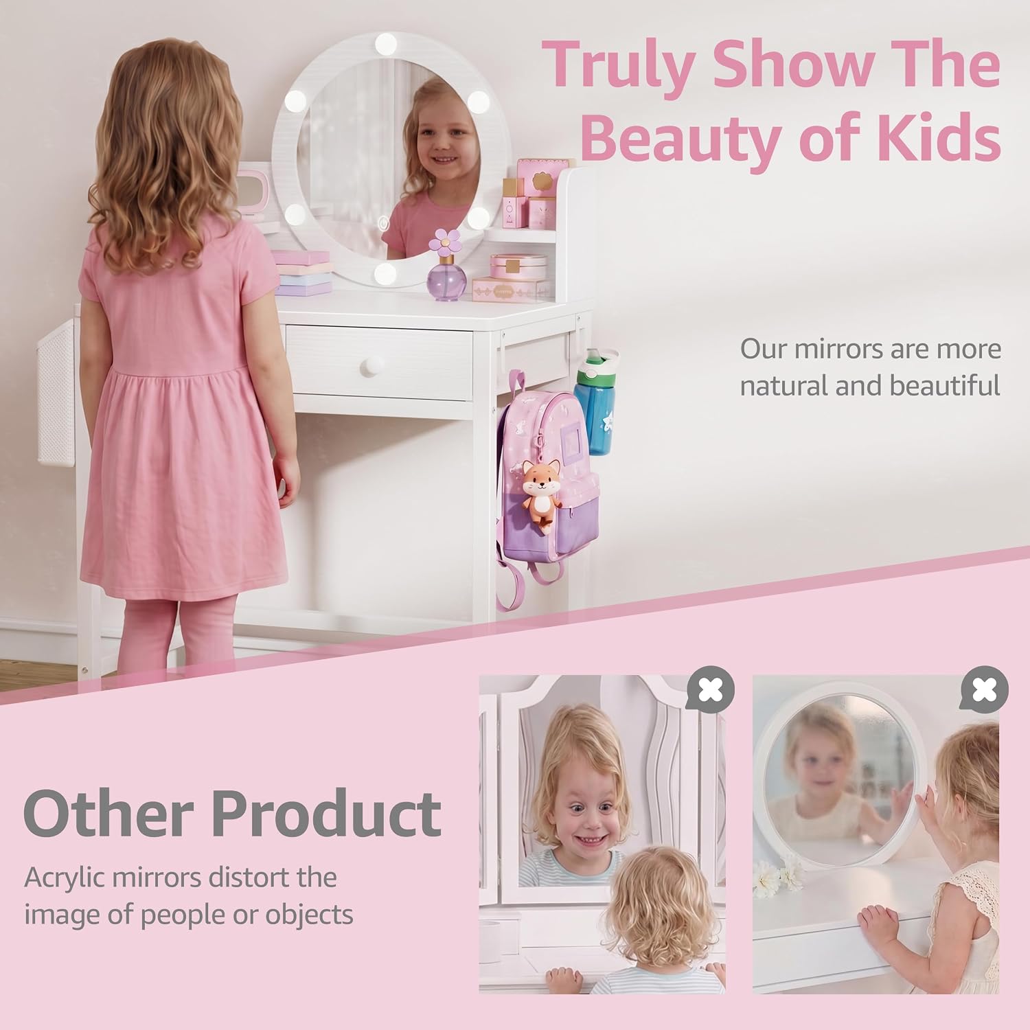 BOLUO Kids Vanity Table and Chair Set, Kids Vanity for Girls with Lights and Mirror, 2 in 1 Kid Vanity Set, Princess Makeup Vanity Desk with Drawers White