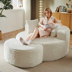 74.6" Oversized Round Chaise Lounge Chair with Ottoman Indoor, Fluffy Upholstered Corduroy Deep Seat Large Floor Circle Couch Sofa Chairs for Living Room, Bedroom, No Assembly Required, White