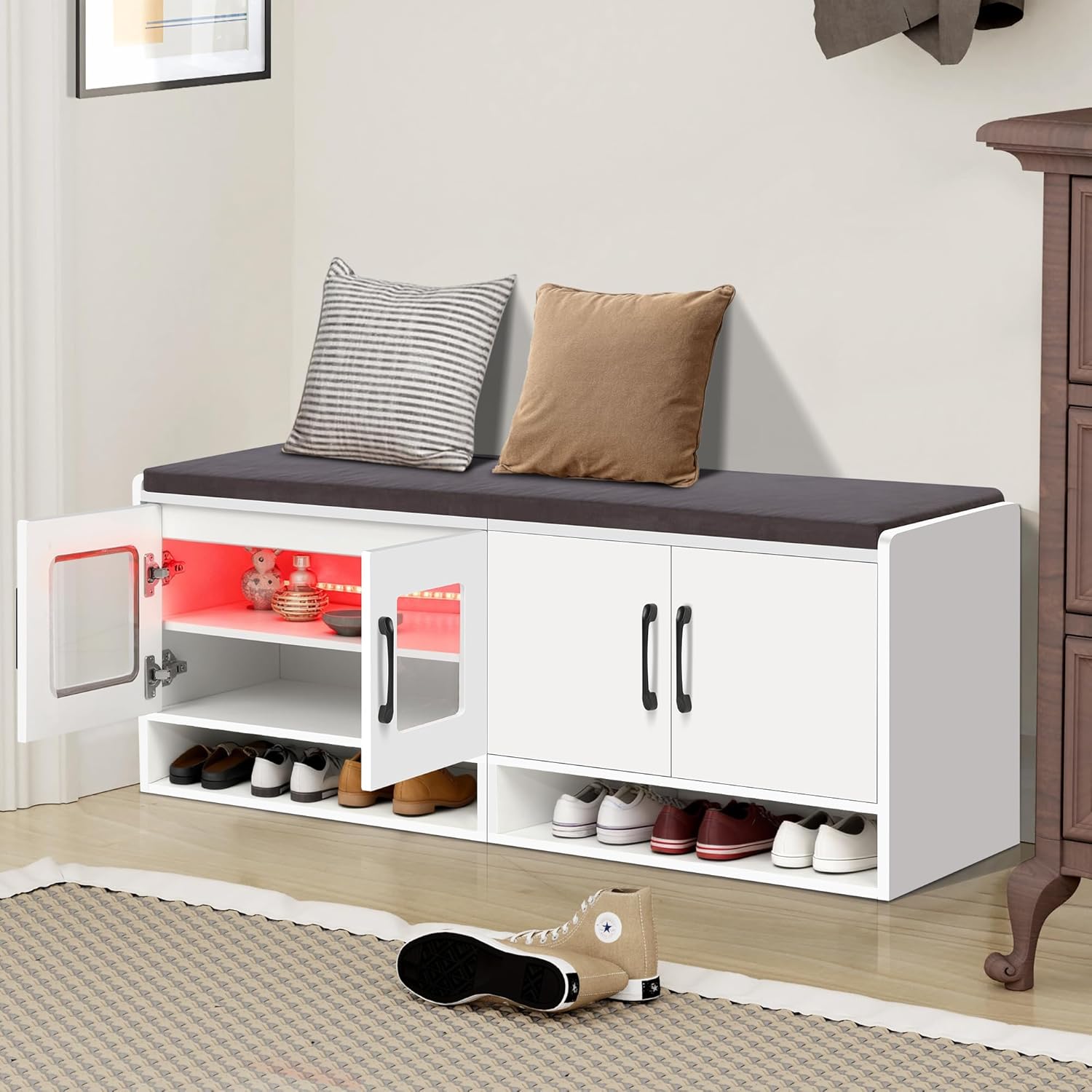 Shoe Bench with Thickened Cushion,Entrance Bench with Glass Door and Ambient Light,Three-Layer Shoe Rack,Color Changing Light Strip, Two Large Storage Spaces,Living Room,Bedroom,White