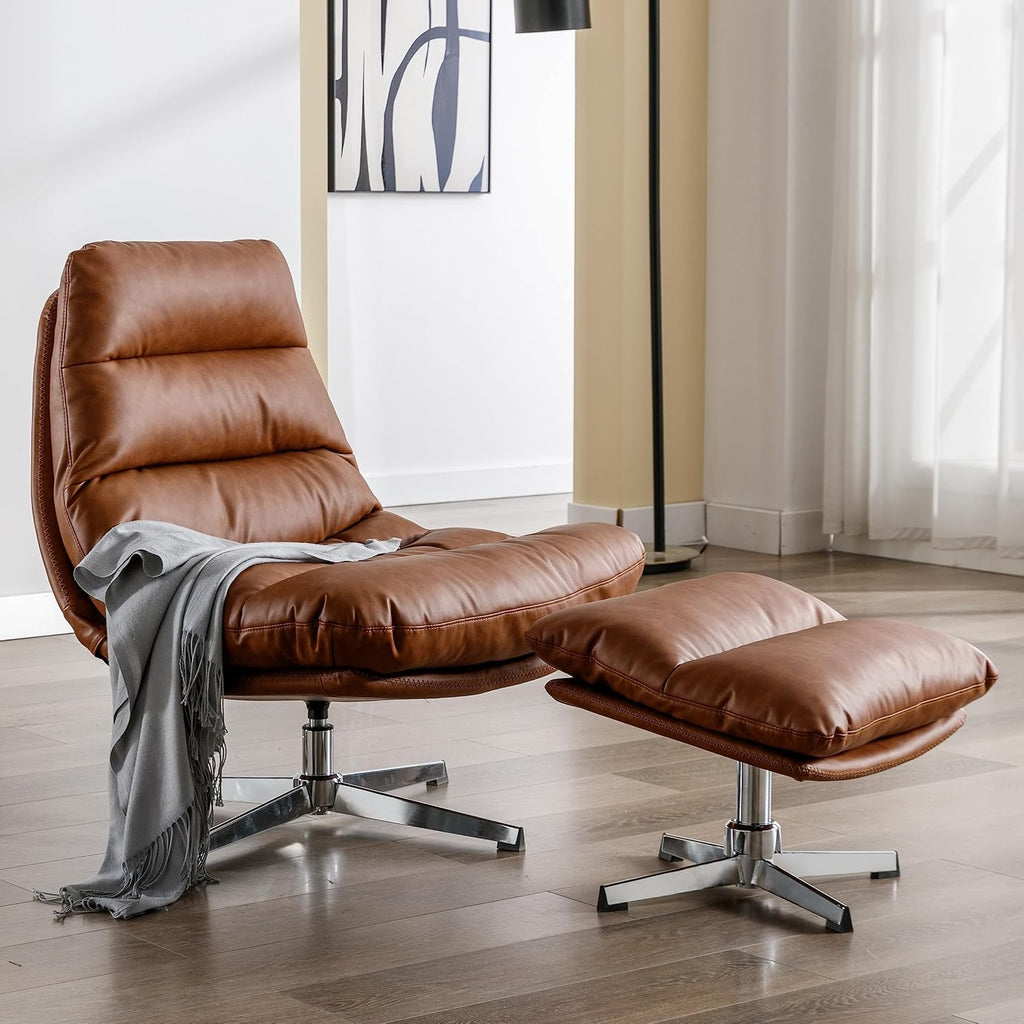 BESTANO Swivel Accent Chair with Ottoman, Mid Century Modern Faux Leather Lounge Chair with footrest, Comfy Oversized Armchair with 360 Degree Metal Base for Living Room Bedroom, Brown