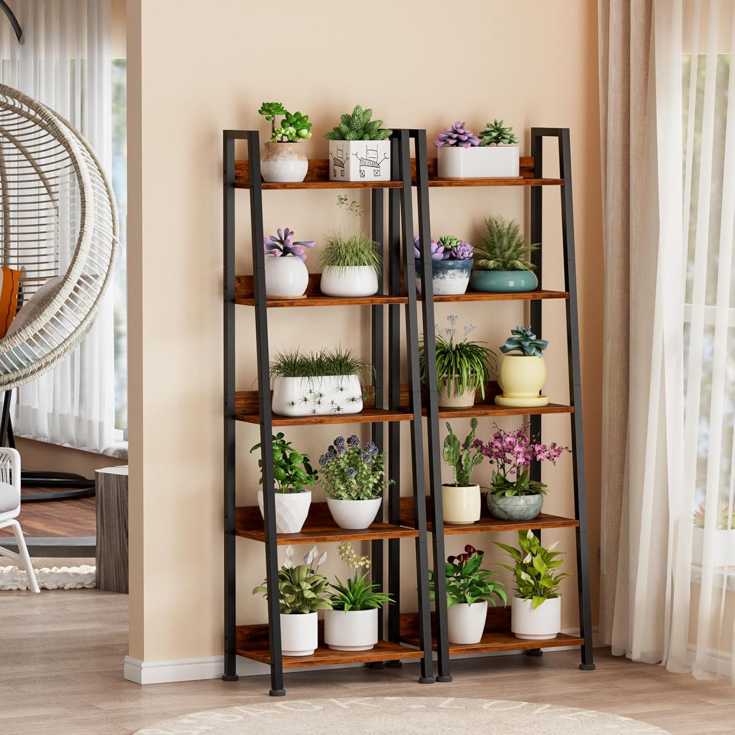 Furologee 5-Tier Ladder Shelf, Ladder Bookshelf with Removable Drawer, Rustic Bookcase Storage Rack Organizer, Wood Metal Freestanding Storage Shelf for Living Room, Home Office, Bedroom, Balcony